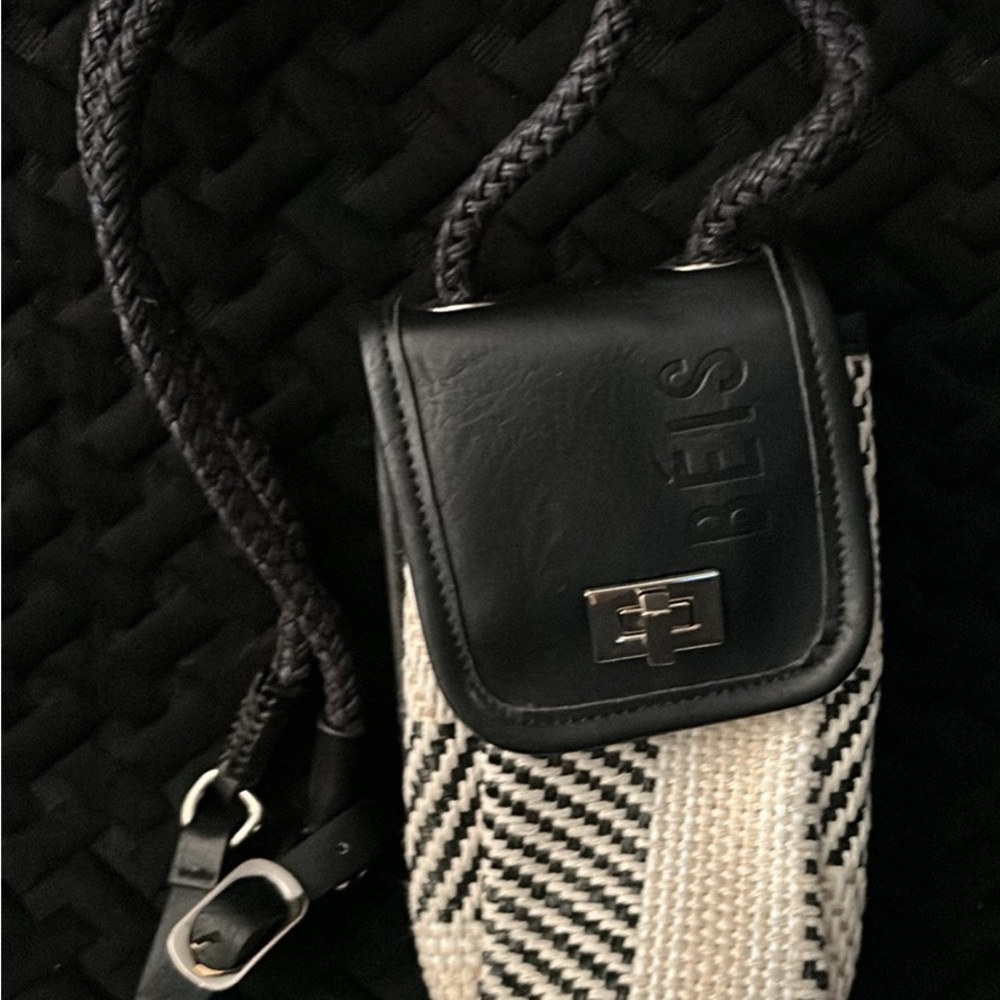BEIS Black and Cream Woven Crossbody Phone Pouch